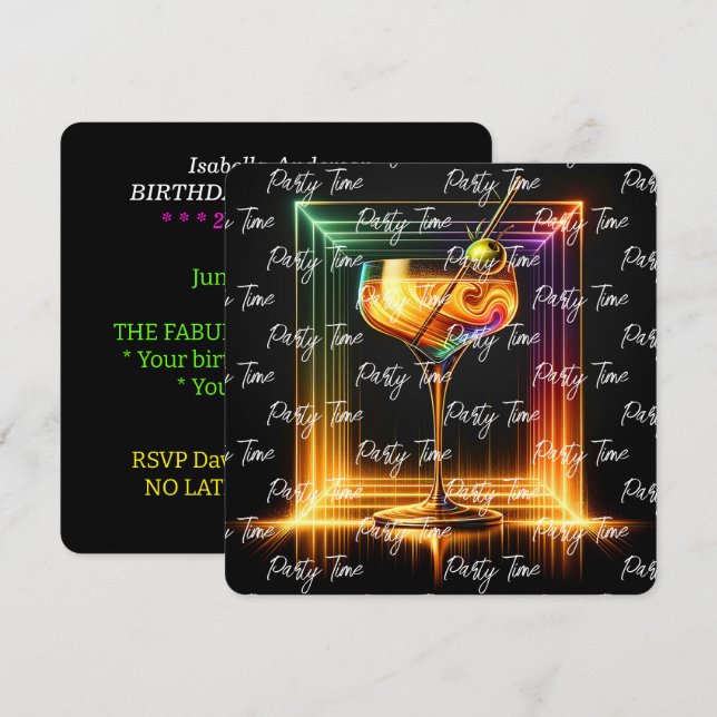 Neon Trendy Party Time Personalized Invitation (Front/Back)