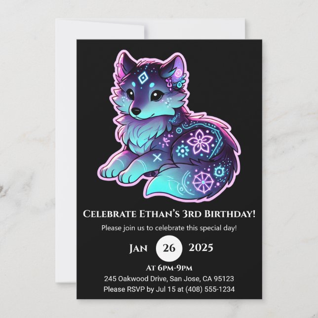 Neon Tribal Wolf Birthday Invitation (Front)