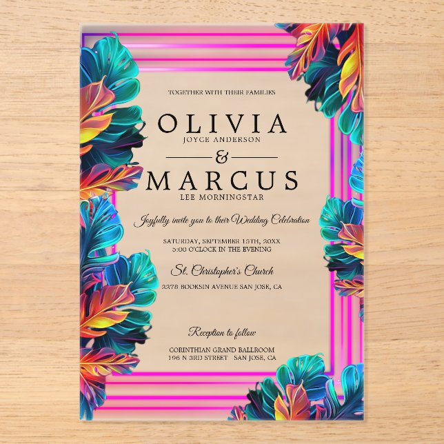 Neon Tropical Foliage Acrylic Invitation (Front)