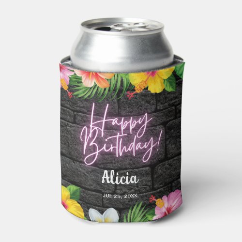 Neon Tropical Forest Summer Hawaii Birthday Party Can Cooler