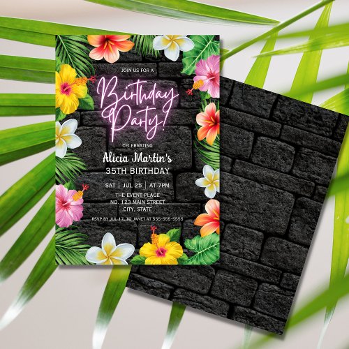 Neon Tropical Forest Summer Hawaii Birthday Party Invitation