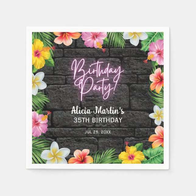 Neon Tropical Forest Summer Hawaii Birthday Party Napkins (Front)