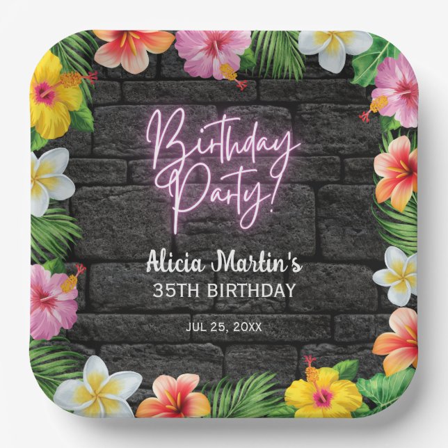 Neon Tropical Forest Summer Hawaii Birthday Party Paper Plates (Front)