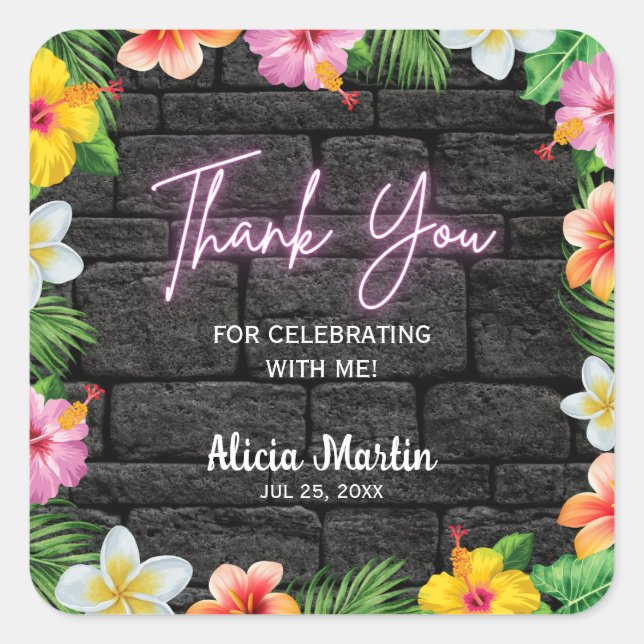 Neon Tropical Forest Summer Hawaii Birthday Party Square Sticker (Front)