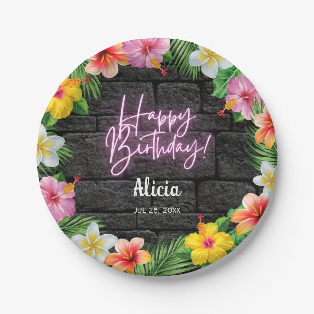 Neon Tropical Forest Summer Hawaii Happy Birthday  Paper Plates (Front)