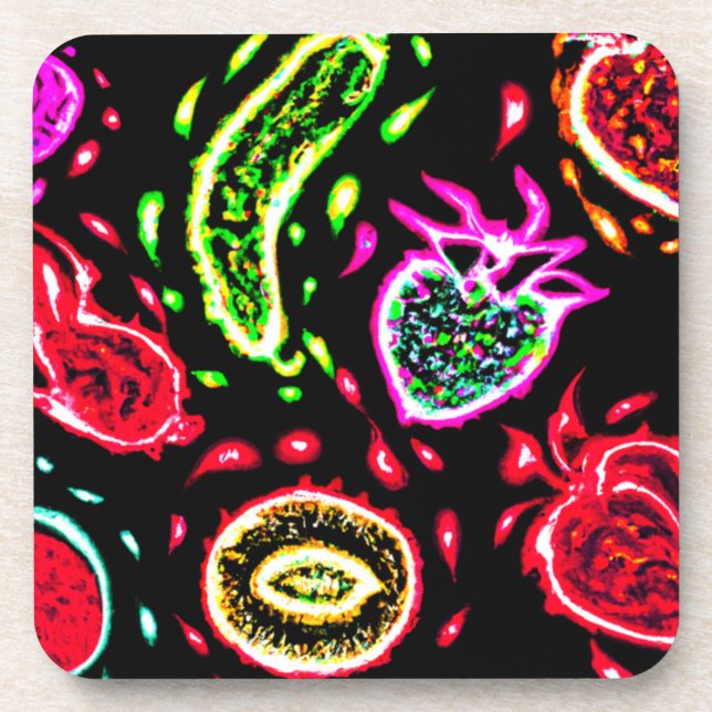 Neon Tropical Fruits Patterns Art. Buy Now Beverage Coaster (Front)