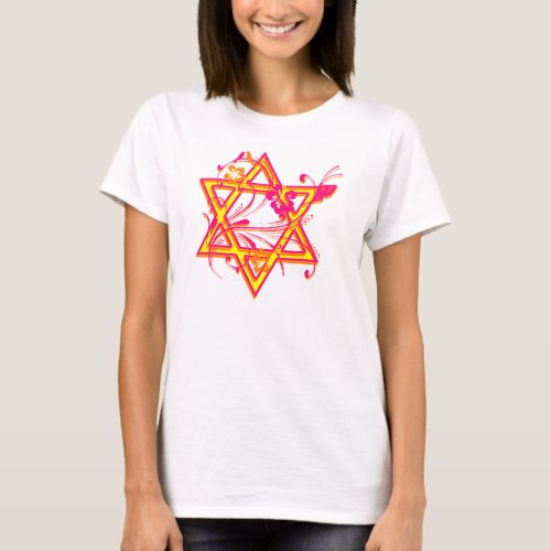 Neon Tropical Hibiscus Star of David T_Shirt