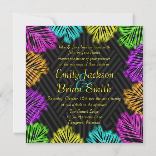 Neon tropical palm leaves wedding invitations