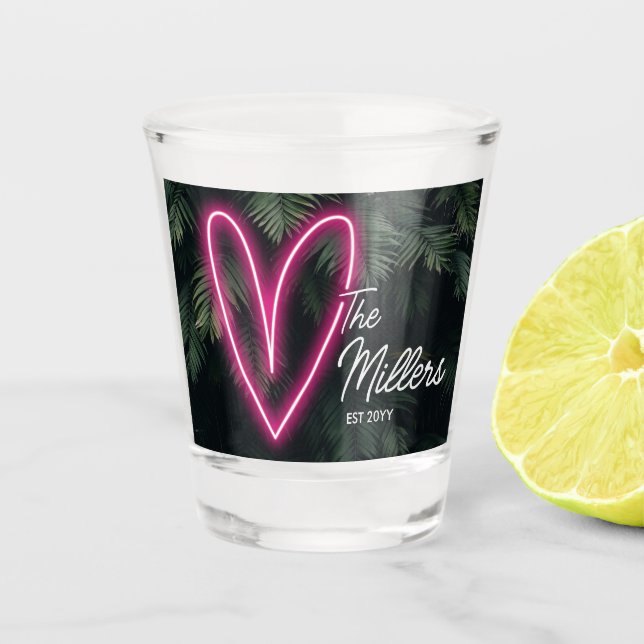 Neon Tropical Palm Love Wedding Favor Shot Glass (Front)