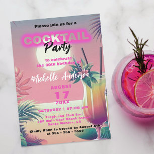 Neon Tropical Summer Sunset 30th Birthday Cocktail Invitation