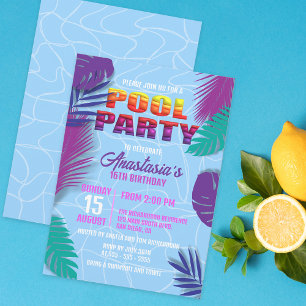Neon Tropical Sweet 16 Birthday Summer Pool Party Invitation