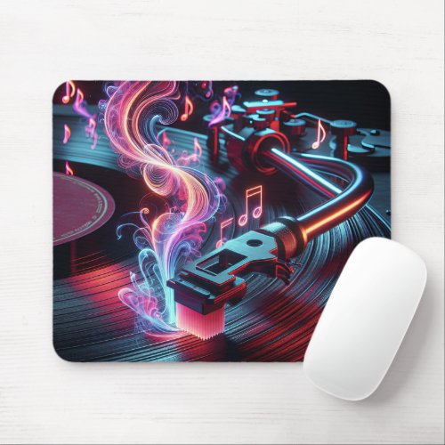 Neon Turntable With Vinyl Record Mouse Pad