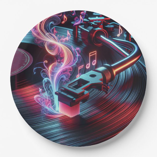 Neon Turntable With Vinyl Record Paper Plates (Front)