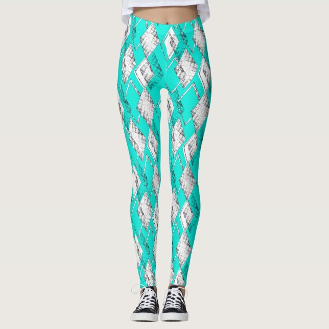 Neon turquoise geometric pattern. leggings (Front)