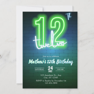 Neon twelfth birthday Invitation