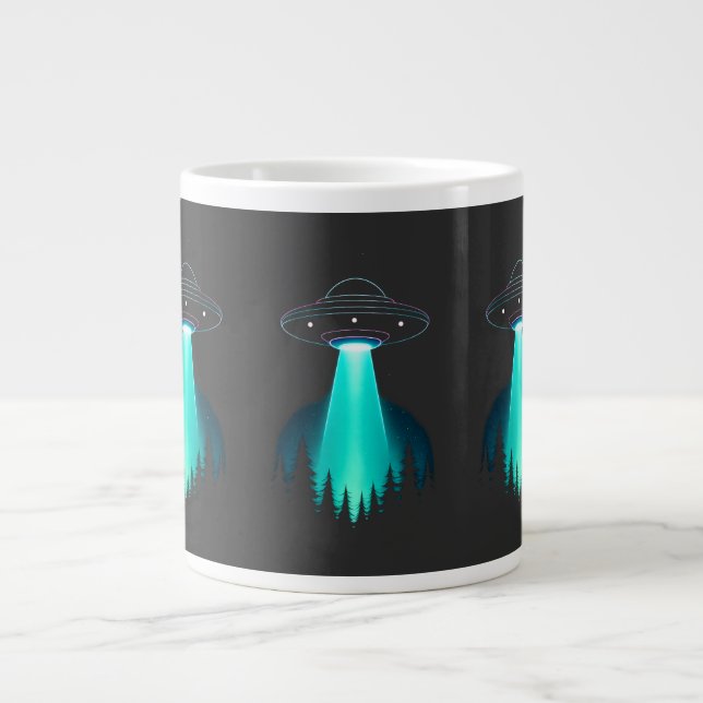 Neon UFO Abduction Over Pine Forest Giant Coffee Mug (Front)