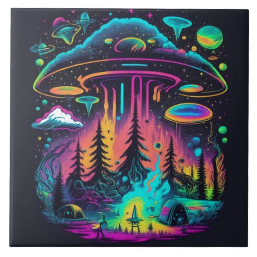 Neon UFO and Alien Scene Psychedelic Art Ceramic Tile