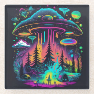 Neon UFO and Alien Scene Psychedelic Art Glass Coaster