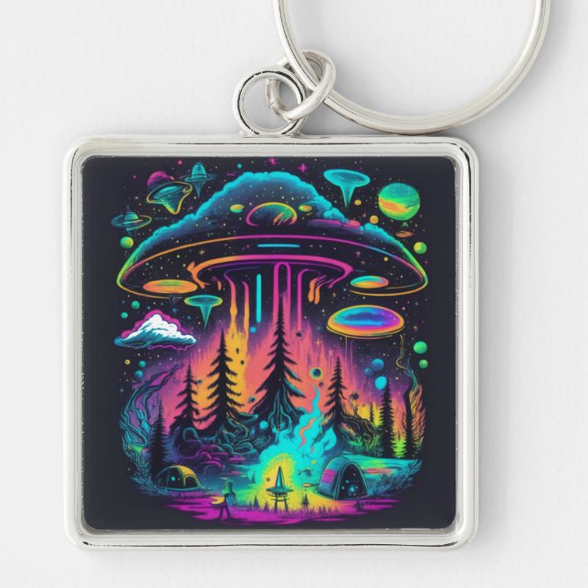 Neon UFO and Alien Scene Psychedelic Art Keychain (Front)