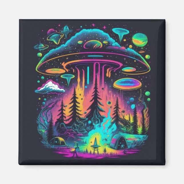 Neon UFO and Alien Scene Psychedelic Art Magnet (Front)