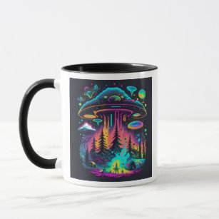 Neon UFO and Alien Scene Psychedelic Art Mug