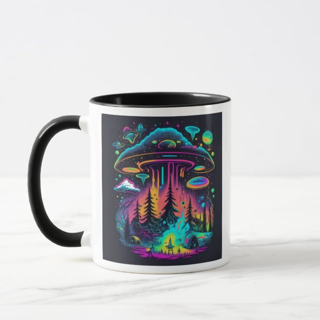 Neon UFO and Alien Scene Psychedelic Art Mug (Left)