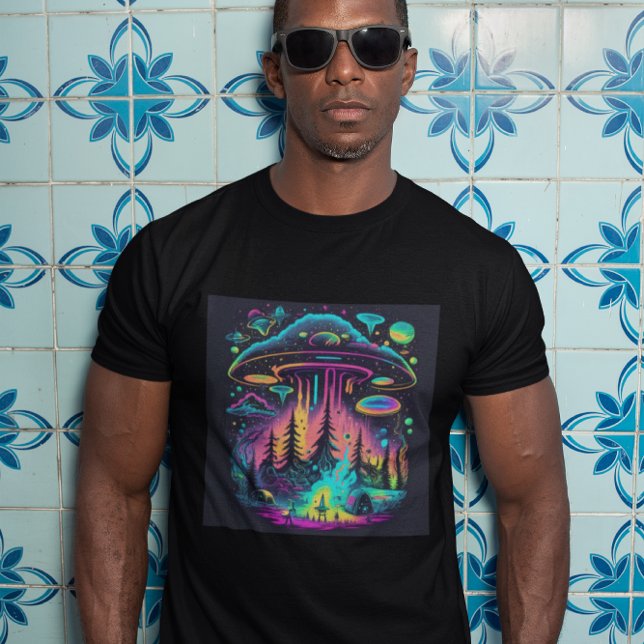Neon UFO and Alien Scene Psychedelic Art T-Shirt (Creator Uploaded)