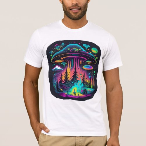 Neon UFO and Alien Scene Psychedelic Art T_Shirt
