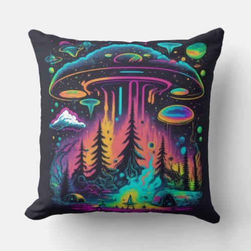 Neon UFO and Alien Scene Psychedelic Art Throw Pillow