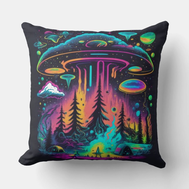 Neon UFO and Alien Scene Psychedelic Art Throw Pillow (Front)