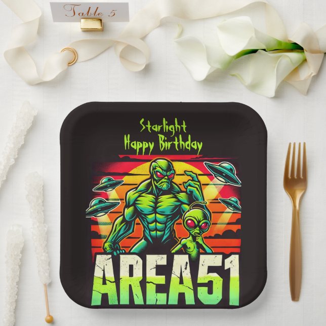 Neon UFOs Hover Over Area 51 Paper Plates (Wedding)