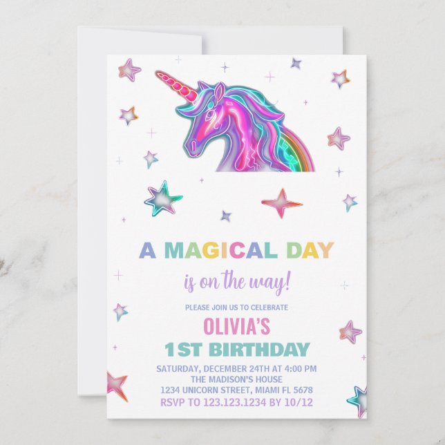 Neon Unicorn Birthday Invitations (Front)