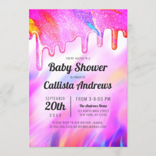 Neon Unicorn Holographic Glitter Drip Baby Shower Invitation