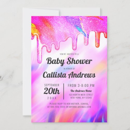 Neon Unicorn Holographic Glitter Drip Baby Shower Invitation