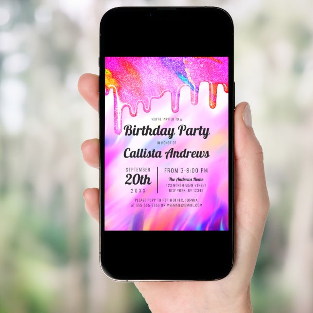 Neon Unicorn Holographic Glitter Drips Birthday Invitation (Front Digital)