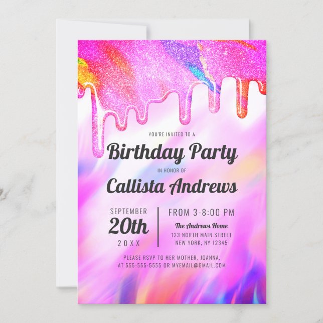 Neon Unicorn Holographic Glitter Drips Birthday Invitation (Front)