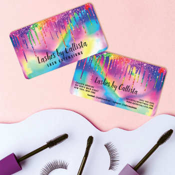 Neon Unicorn Holographic Glitter Drips Lashes Business Card by _LaFemme_ at Zazzle