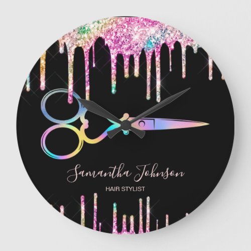 Neon Unicorn Holographic hairstylist hairdresser B Large Clock