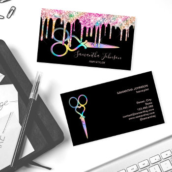 Neon Unicorn Holographic Hairstylist Hairdresser Business Card by smmdsgn at Zazzle