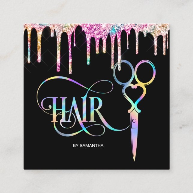 Neon Unicorn Holographic hairstylist hairdresser Square Business Card (Front)