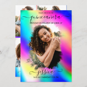 Neon Unicorn Holographic Photo Collage Quinceañera Invitation