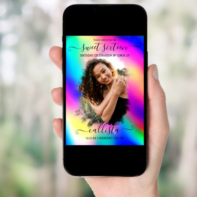 Neon Unicorn Holographic Photo Collage Sweet 16 Invitation (Front Digital)