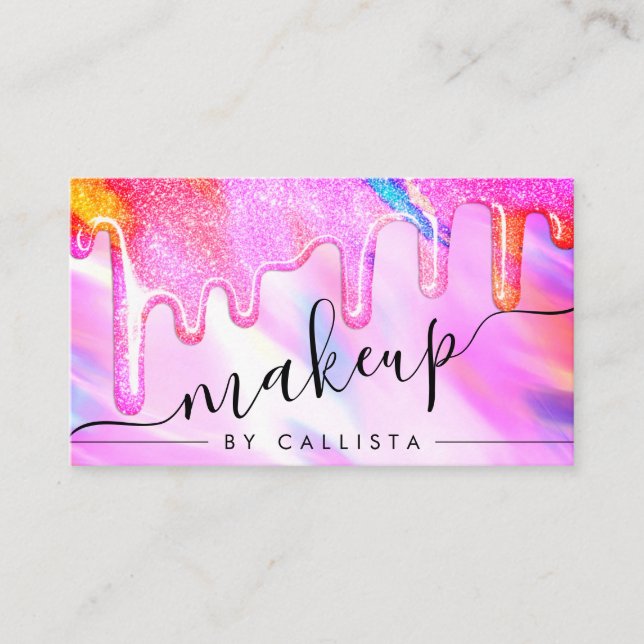 Neon Unicorn Holographic Thick Glitter Drip Makeup Business Card (Front)