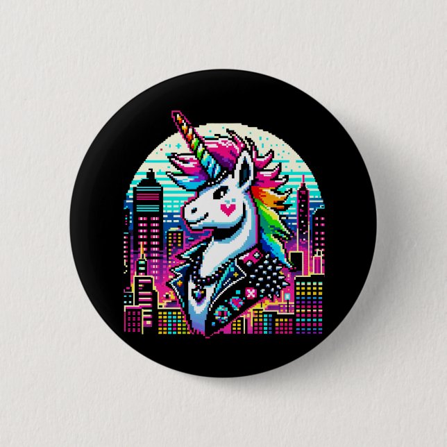 Neon Urban Unicorn - Pixel Art Cityscape Button (Front)