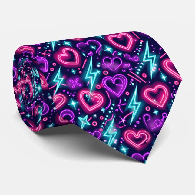 Neon Valentine Hearts Seamless Pattern Modern Love Neck Tie (Rolled)