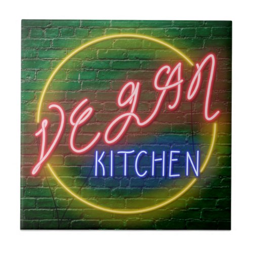 Neon Vegan Kitchen Sign Ceramic Tile