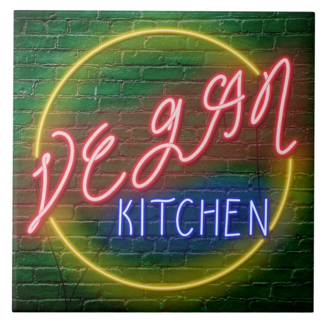 Neon Vegan Kitchen Sign Ceramic Tile (Front)