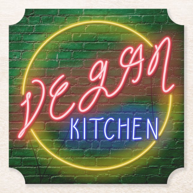 Neon Vegan Kitchen Sign Paper Coaster (Front)