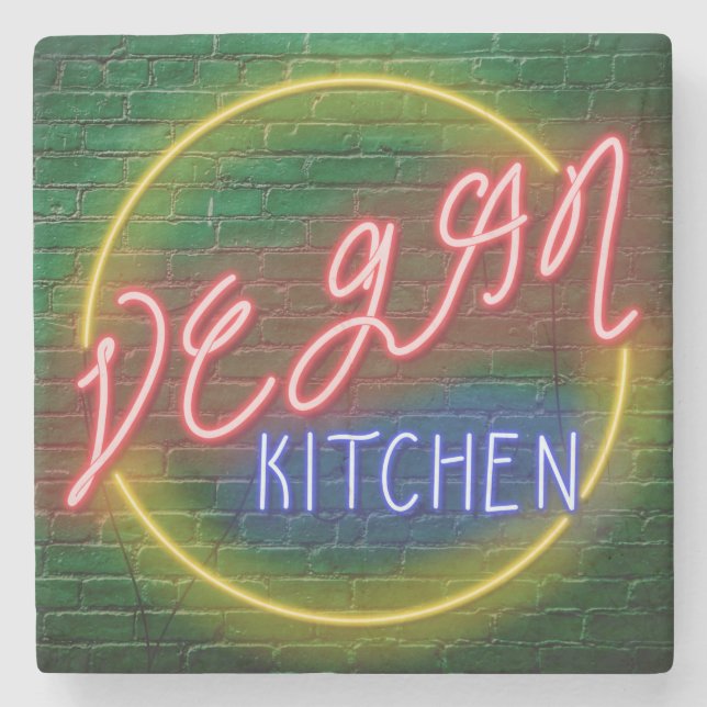Neon Vegan Kitchen Sign Stone Coaster (Front)