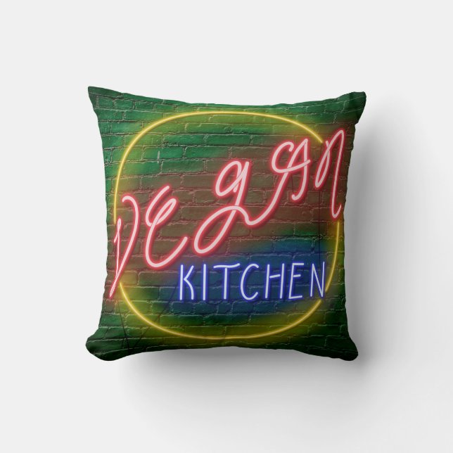 Neon Vegan Kitchen Sign Throw Pillow (Front)